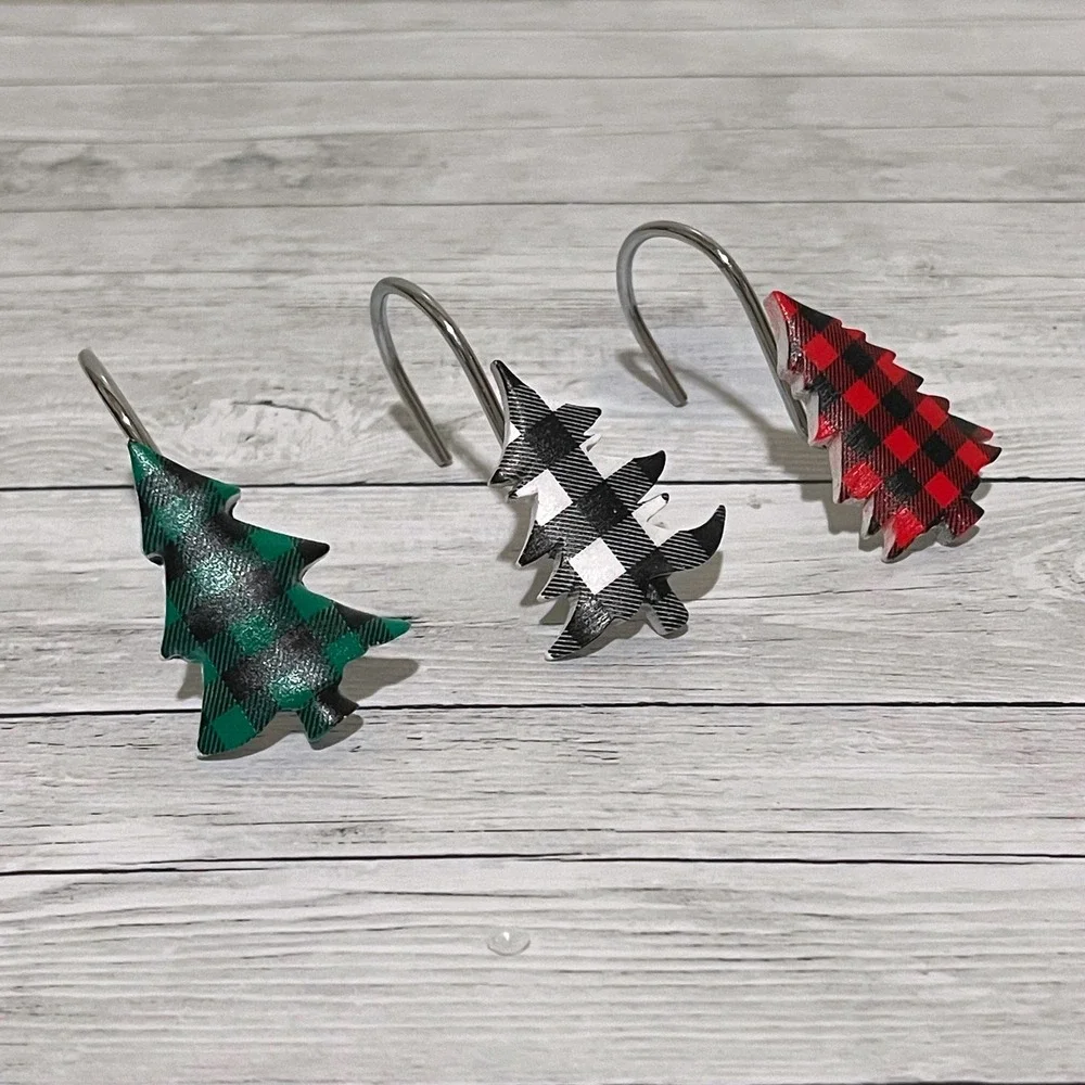 Buffalo Plaid Christmas Tree Shower Curtain Hooks Metal Rustproof Set of 12 NEW